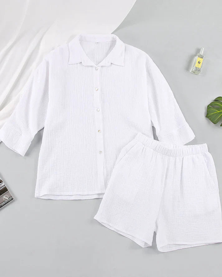 Sommer Set Damen zweiteilig | strukturiertes Material | Shorts | Oberteil | luftig-Weiß-S-Luzern Mode