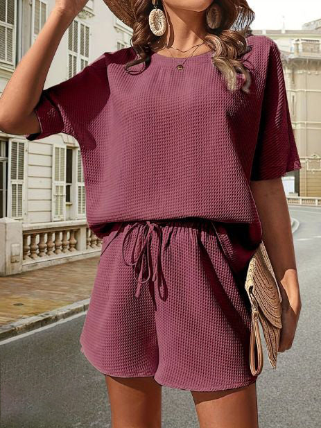 Damen Sommer Outfit | Zweiteilig | Unifarben | Locker | Baumwollmischung | Kurz-Bordeauxrot-S-Luzern Mode