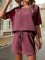 Damen Sommer Outfit | Zweiteilig | Unifarben | Locker | Baumwollmischung | Kurz-Bordeauxrot-S-Luzern Mode