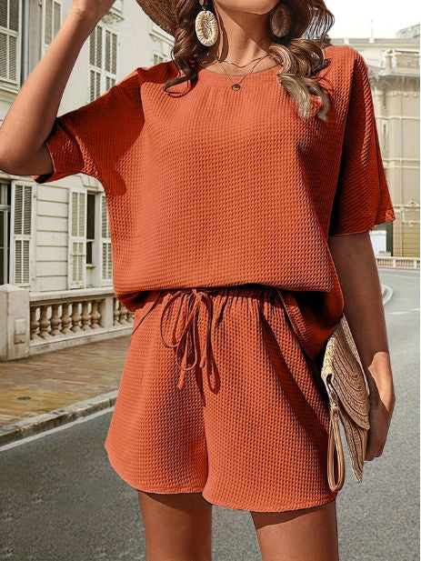 Damen Sommer Outfit | Zweiteilig | Unifarben | Locker | Baumwollmischung | Kurz-Braun-S-Luzern Mode
