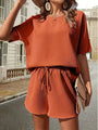 Damen Sommer Outfit | Zweiteilig | Unifarben | Locker | Baumwollmischung | Kurz-Braun-S-Luzern Mode