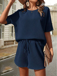 Damen Sommer Outfit | Zweiteilig | Unifarben | Locker | Baumwollmischung | Kurz-Dunkelblau-S-Luzern Mode