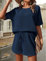 Damen Sommer Outfit | Zweiteilig | Unifarben | Locker | Baumwollmischung | Kurz-Dunkelblau-S-Luzern Mode