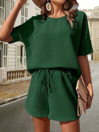 Damen Sommer Outfit | Zweiteilig | Unifarben | Locker | Baumwollmischung | Kurz-Grün-S-Luzern Mode