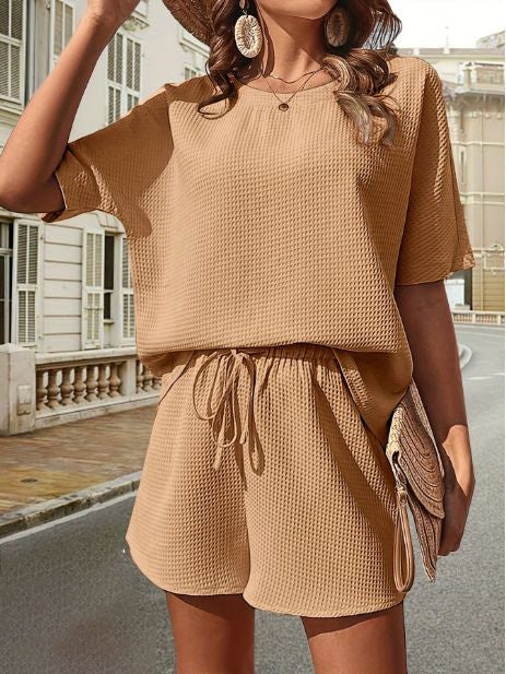 Damen Sommer Outfit | Zweiteilig | Unifarben | Locker | Baumwollmischung | Kurz-Khaki-S-Luzern Mode