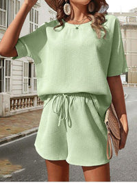 Damen Sommer Outfit | Zweiteilig | Unifarben | Locker | Baumwollmischung | Kurz-Matcha Grün-S-Luzern Mode