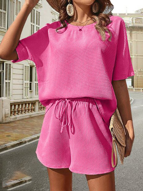 Damen Sommer Outfit | Zweiteilig | Unifarben | Locker | Baumwollmischung | Kurz-Rosa-S-Luzern Mode