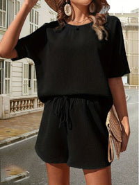 Damen Sommer Outfit | Zweiteilig | Unifarben | Locker | Baumwollmischung | Kurz-Schwarz-S-Luzern Mode