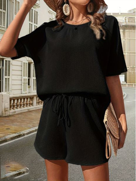 Damen Sommer Outfit | Zweiteilig | Unifarben | Locker | Baumwollmischung | Kurz-Schwarz-S-Luzern Mode