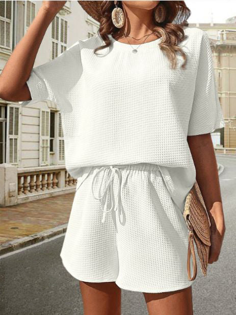 Damen Sommer Outfit | Zweiteilig | Unifarben | Locker | Baumwollmischung | Kurz-Weiß-S-Luzern Mode