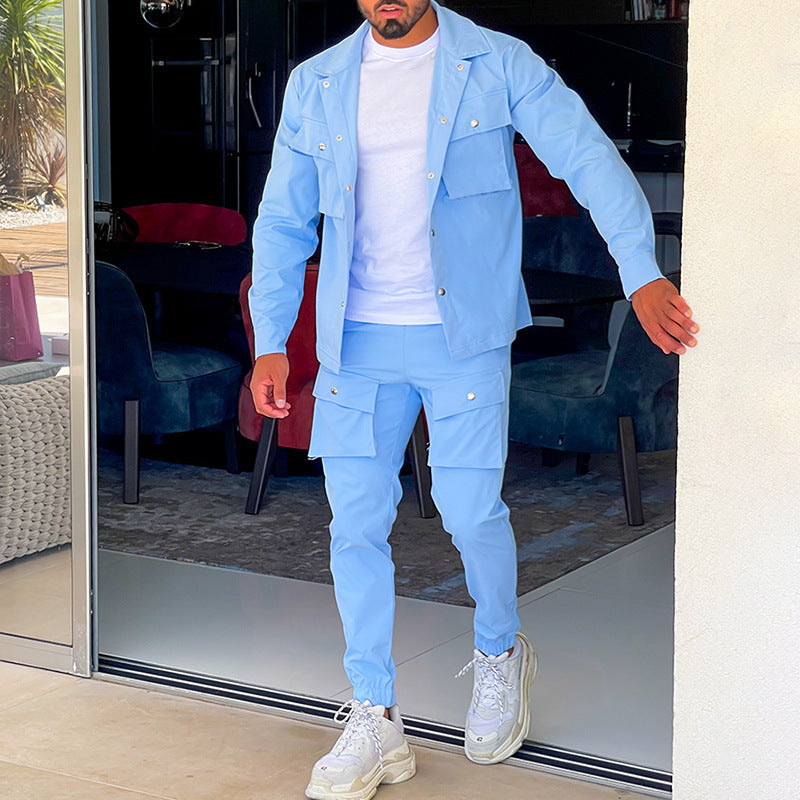Herren Cargo-Jogginganzug mit Taschen und Reißverschluss-Blau-S-Luzern Mode