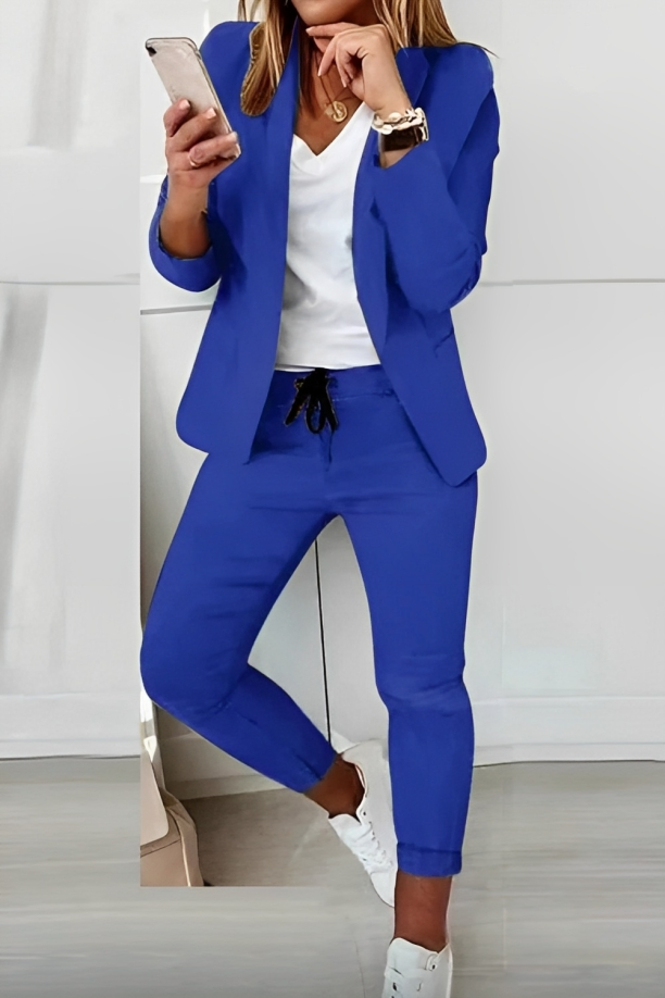 Damen Blazer-Set | Einfarbig | Zweiteilig | Locker Fallend | Mit Hose-Blau-S-Luzern Mode