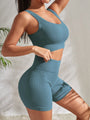 Damen Fitness-Set | Zweiteilig | Shorts | Top | Einfarbig | Elastisch-Blau-S-Luzern Mode