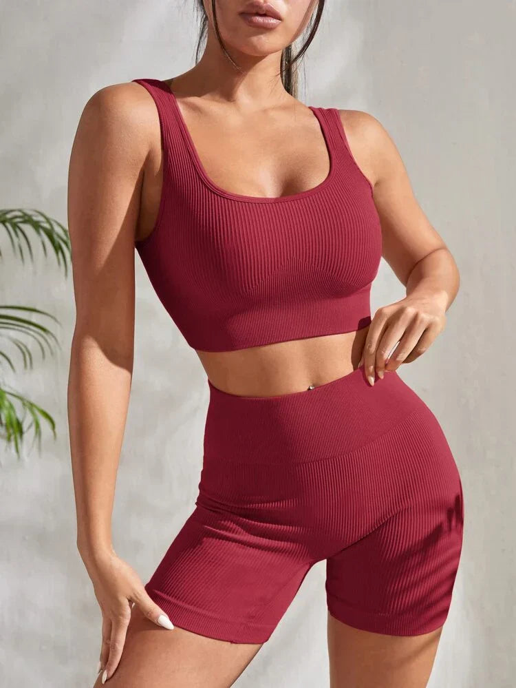 Damen Fitness-Set | Zweiteilig | Shorts | Top | Einfarbig | Elastisch-Rot-S-Luzern Mode