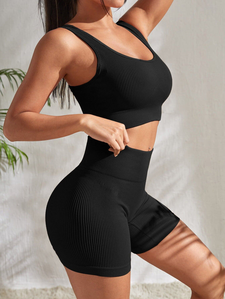 Damen Fitness-Set | Zweiteilig | Shorts | Top | Einfarbig | Elastisch-Luzern Mode