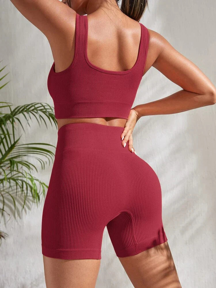 Damen Fitness-Set | Zweiteilig | Shorts | Top | Einfarbig | Elastisch-Luzern Mode