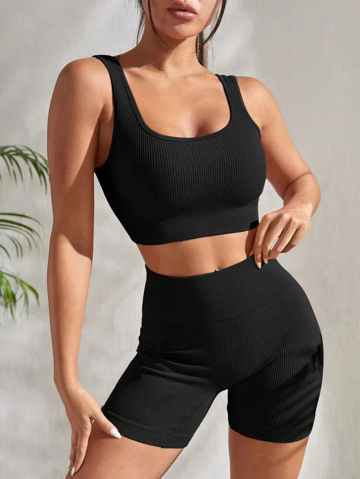 Damen Fitness-Set | Zweiteilig | Shorts | Top | Einfarbig | Elastisch-Schwarz-S-Luzern Mode