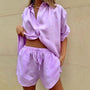 Leinen Set Damen zweiteilig | lockerer Schnitt | atmungsaktiv | weite Hose | Shirt-Lila-S-Luzern Mode