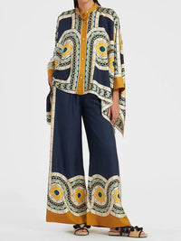 Leinen Zweiteiler Damen | Ethno-Print | Atmungsaktiv & leicht | Stehkragen | Weite Hose-Blau-S-Luzern Mode
