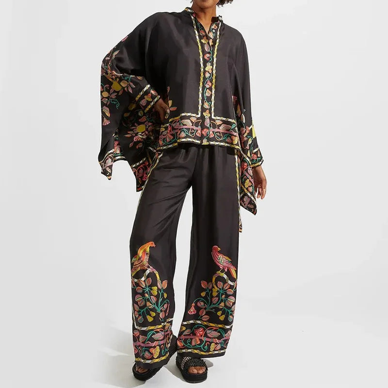 Leinen Zweiteiler Damen | Ethno-Print | Atmungsaktiv & leicht | Stehkragen | Weite Hose-Schwarz-S-Luzern Mode