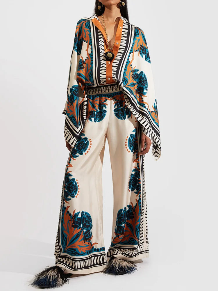 Leinen Zweiteiler Damen | Ethno-Print | Atmungsaktiv & leicht | Stehkragen | Weite Hose-Weiß-S-Luzern Mode