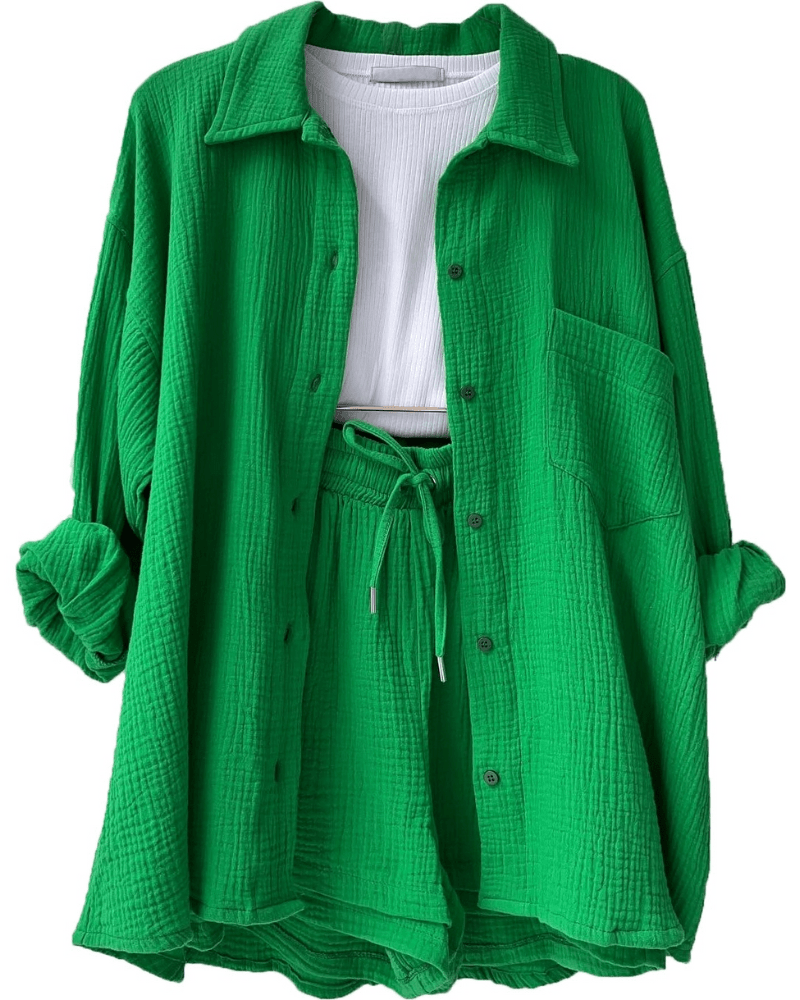 Zweiteiler Damen Sommer | Set mit Hemd und Hose | Luftig | Bequem | Stilvoll-Grün-S-Luzern Mode