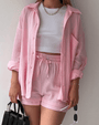 Zweiteiler Damen Sommer | Set mit Hemd und Hose | Luftig | Bequem | Stilvoll-Hellrosa-S-Luzern Mode