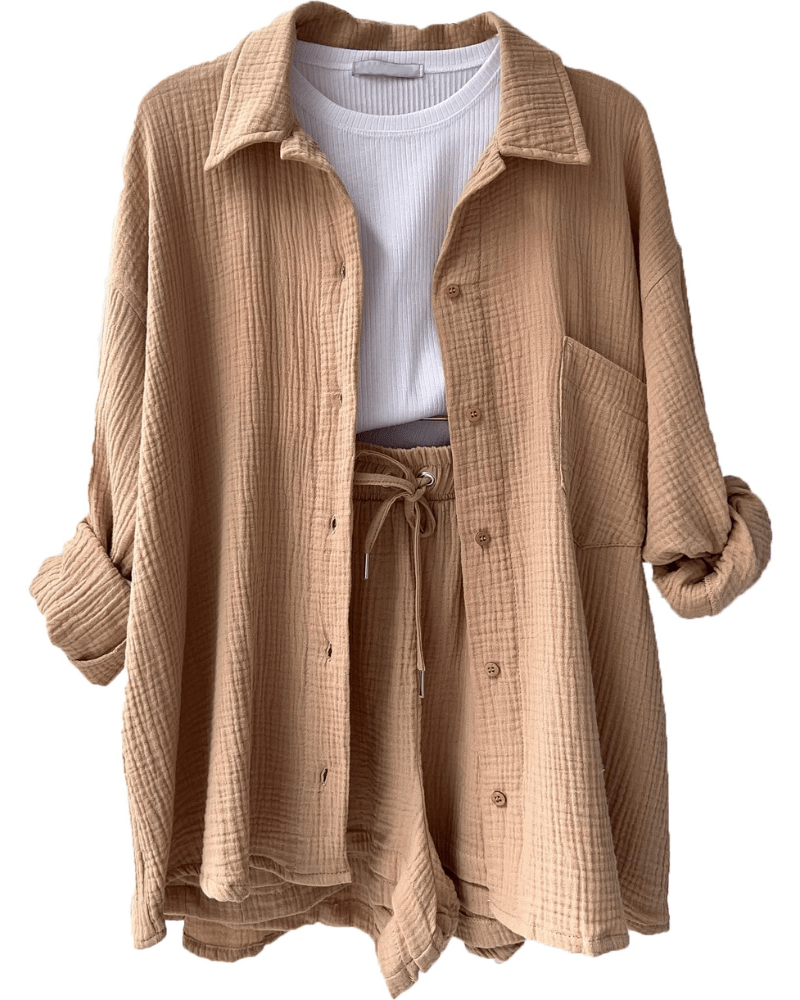 Zweiteiler Damen Sommer | Set mit Hemd und Hose | Luftig | Bequem | Stilvoll-Khaki-S-Luzern Mode