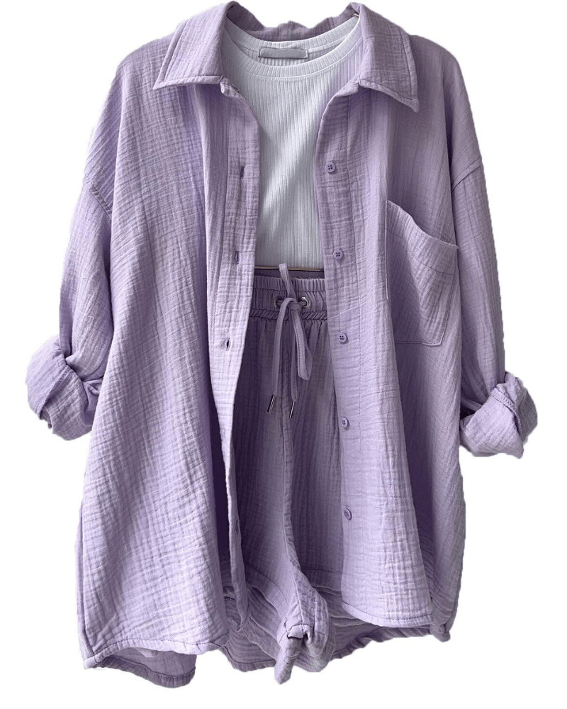 Zweiteiler Damen Sommer | Set mit Hemd und Hose | Luftig | Bequem | Stilvoll-Lavendel-S-Luzern Mode