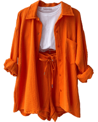 Zweiteiler Damen Sommer | Set mit Hemd und Hose | Luftig | Bequem | Stilvoll-Orange-S-Luzern Mode