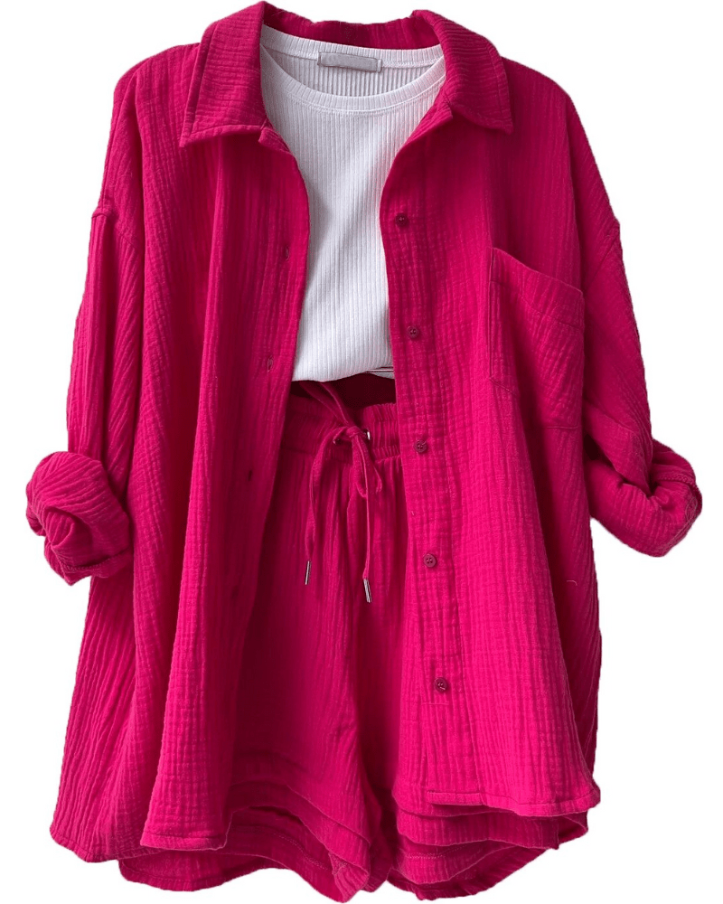 Zweiteiler Damen Sommer | Set mit Hemd und Hose | Luftig | Bequem | Stilvoll-Rosa-S-Luzern Mode
