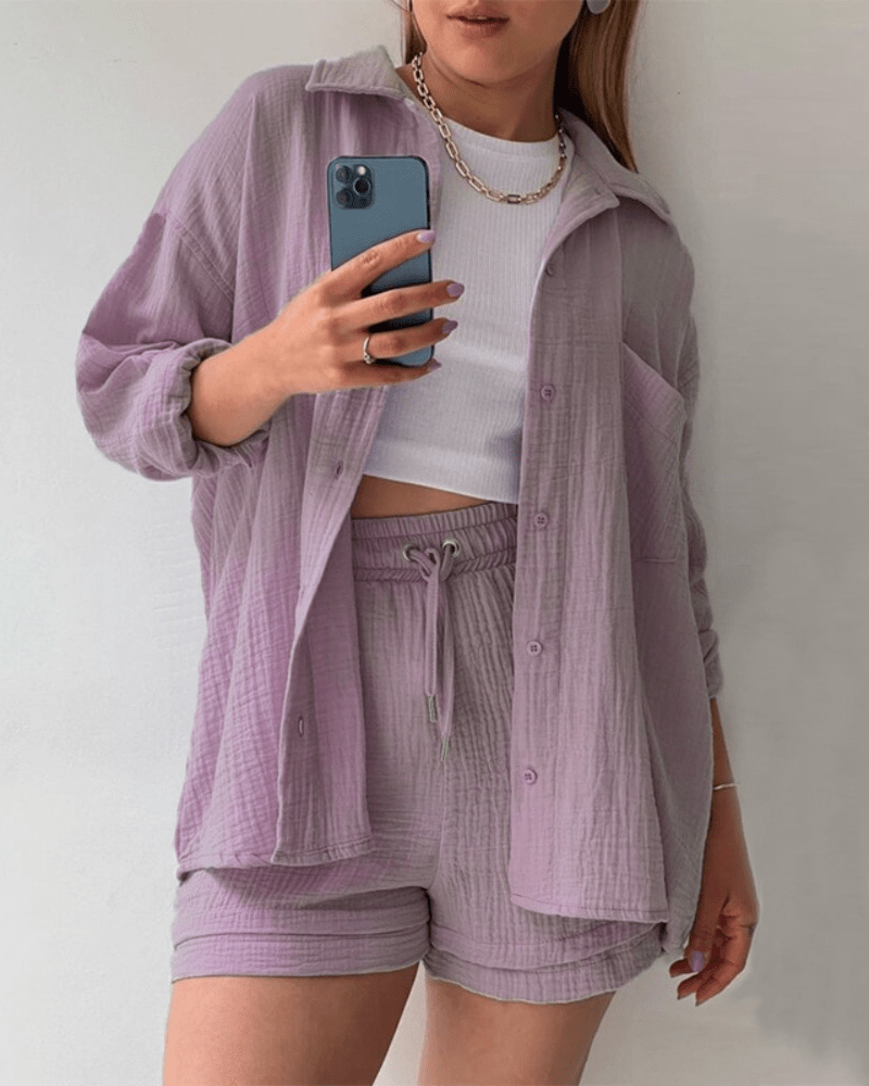 Zweiteiler Damen Sommer | Set mit Hemd und Hose | Luftig | Bequem | Stilvoll-Violett-S-Luzern Mode