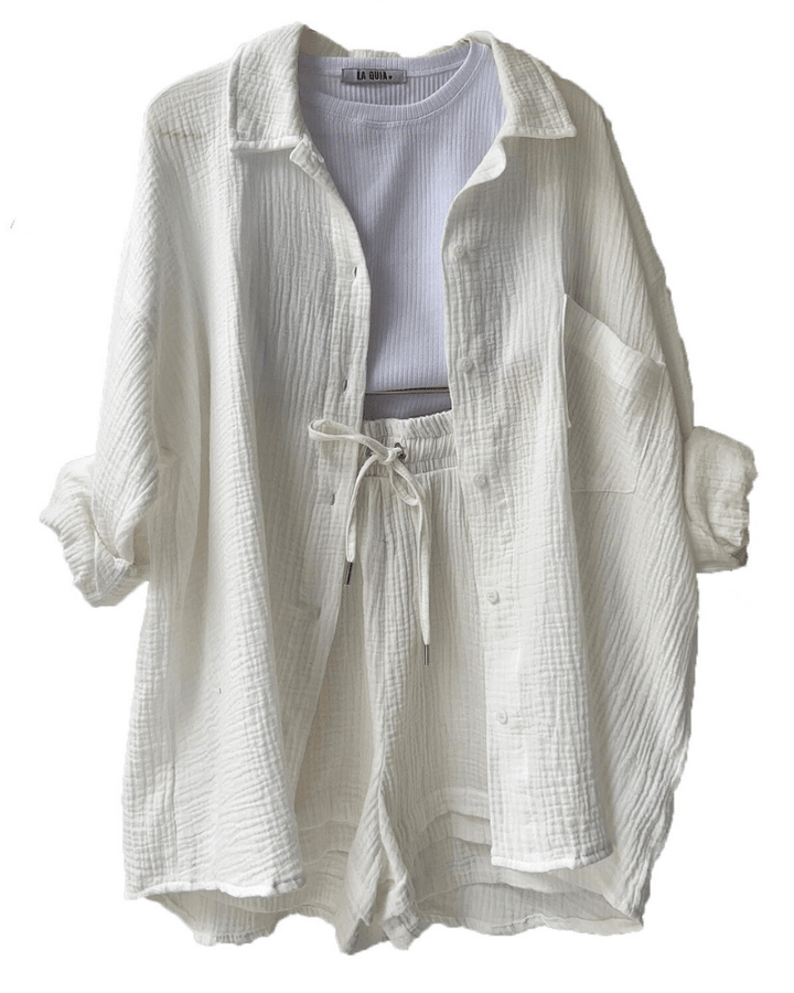 Zweiteiler Damen Sommer | Set mit Hemd und Hose | Luftig | Bequem | Stilvoll-Weiß-S-Luzern Mode