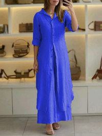 Damen Leinen Set Sommer | Zweiteilig | Luftig | Weite Hose | Knopftop | Casual-Blau-S-Luzern Mode