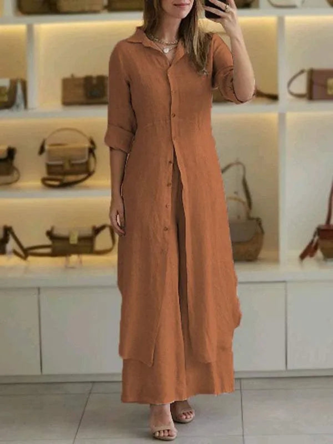 Damen Leinen Set Sommer | Zweiteilig | Luftig | Weite Hose | Knopftop | Casual-Braun-S-Luzern Mode