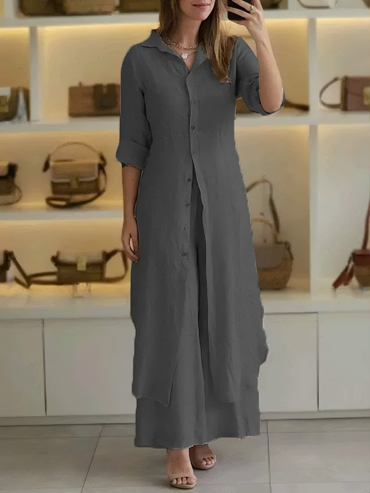 Damen Leinen Set Sommer | Zweiteilig | Luftig | Weite Hose | Knopftop | Casual-Dunkelgrau-S-Luzern Mode