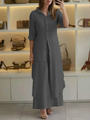 Damen Leinen Set Sommer | Zweiteilig | Luftig | Weite Hose | Knopftop | Casual-Dunkelgrau-S-Luzern Mode