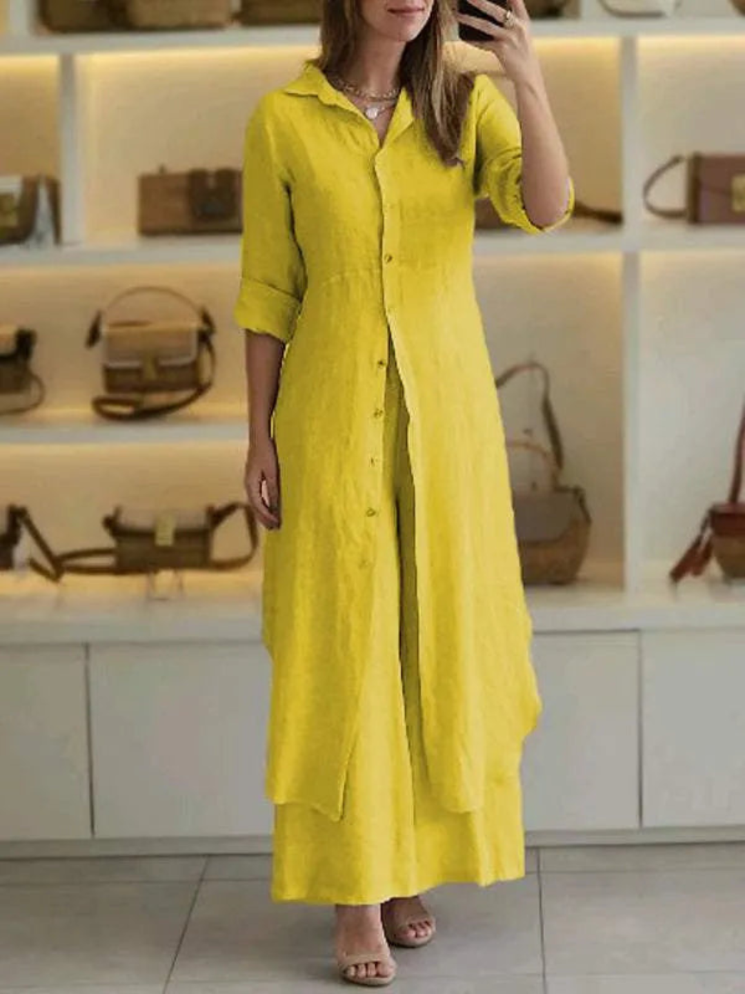 Damen Leinen Set Sommer | Zweiteilig | Luftig | Weite Hose | Knopftop | Casual-Gelb-S-Luzern Mode
