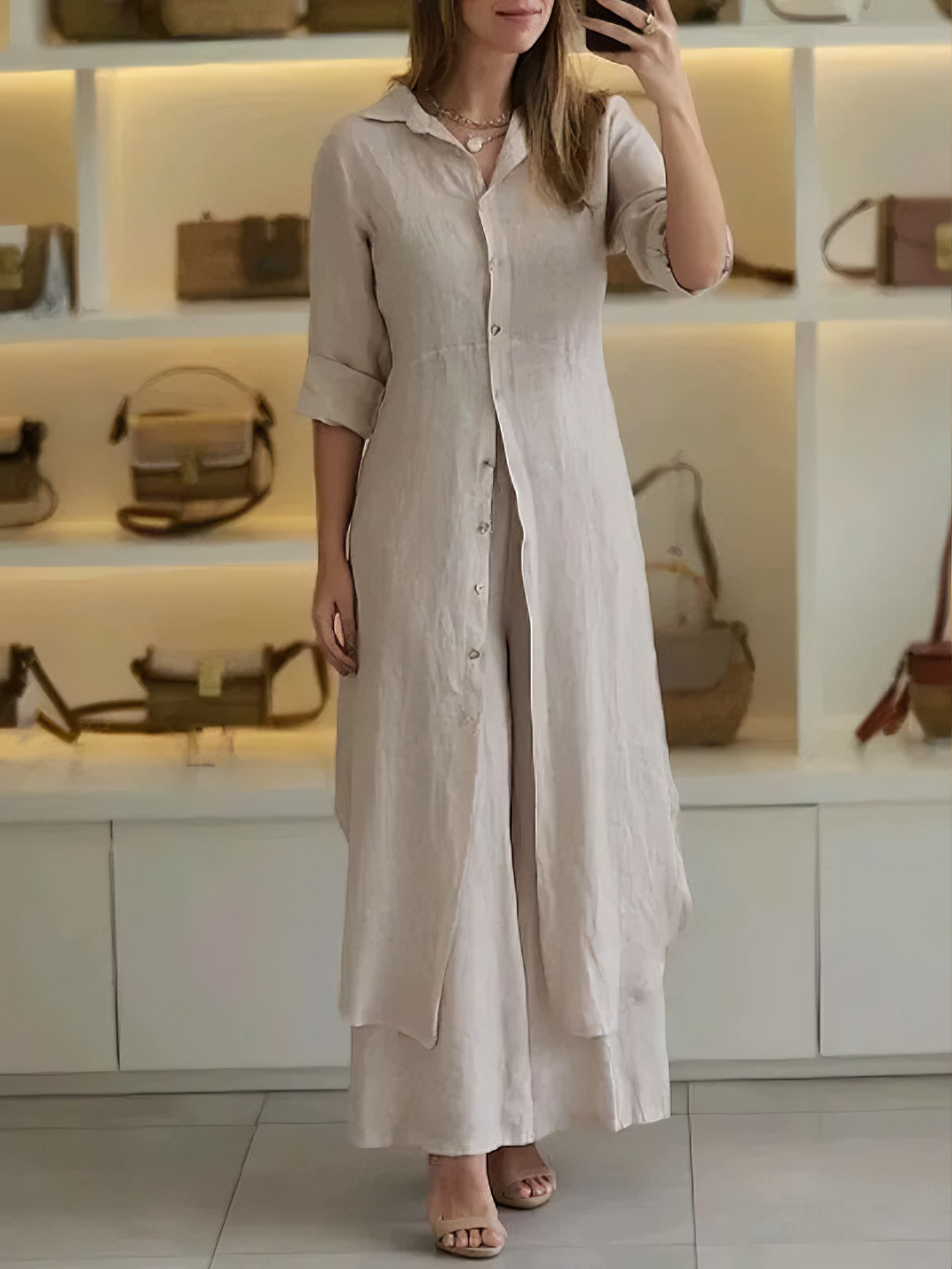 Damen Leinen Set Sommer | Zweiteilig | Luftig | Weite Hose | Knopftop | Casual-Khaki-S-Luzern Mode