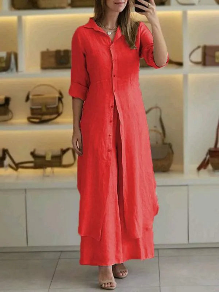 Damen Leinen Set Sommer | Zweiteilig | Luftig | Weite Hose | Knopftop | Casual-Rot-S-Luzern Mode