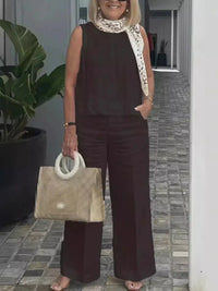 Damen Sommer Set Leinen | Zweiteilig | Ärmellose Bluse | Weite Hose | Luftig | Trendy-Dunkelbraun-S-Luzern Mode