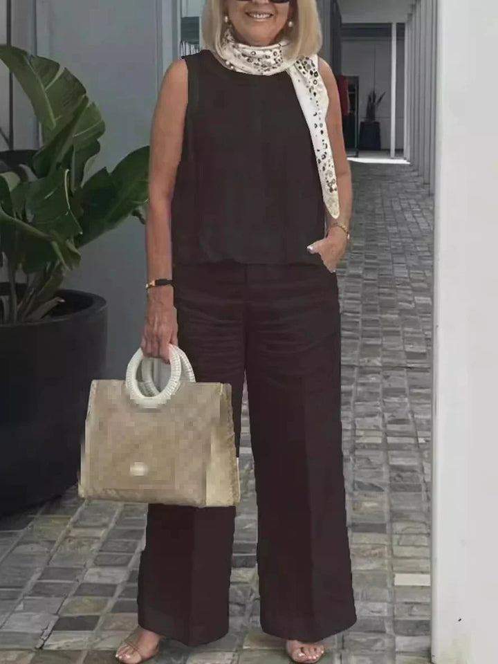 Damen Sommer Set Leinen | Zweiteilig | Ärmellose Bluse | Weite Hose | Luftig | Trendy-Dunkelbraun-S-Luzern Mode
