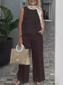 Damen Sommer Set Leinen | Zweiteilig | Ärmellose Bluse | Weite Hose | Luftig | Trendy-Dunkelbraun-S-Luzern Mode