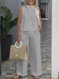 Damen Sommer Set Leinen | Zweiteilig | Ärmellose Bluse | Weite Hose | Luftig | Trendy-Grau-S-Luzern Mode