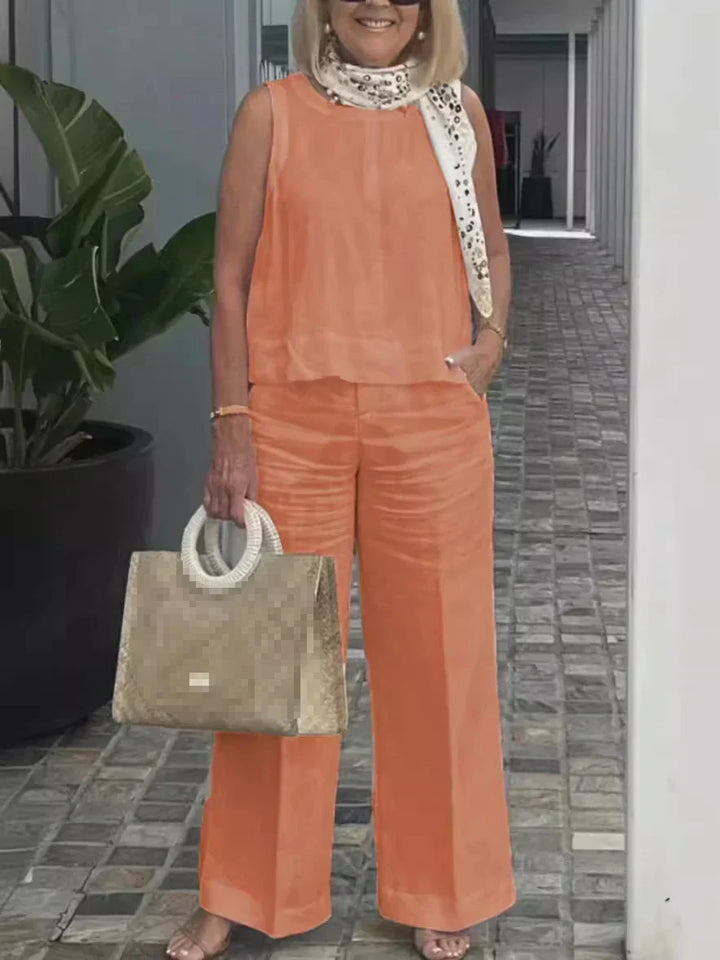 Damen Sommer Set Leinen | Zweiteilig | Ärmellose Bluse | Weite Hose | Luftig | Trendy-Orange-S-Luzern Mode