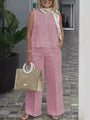 Damen Sommer Set Leinen | Zweiteilig | Ärmellose Bluse | Weite Hose | Luftig | Trendy-Rosa-S-Luzern Mode