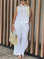 Damen Sommer Set Leinen | Zweiteilig | Ärmellose Bluse | Weite Hose | Luftig | Trendy-Weiß-S-Luzern Mode
