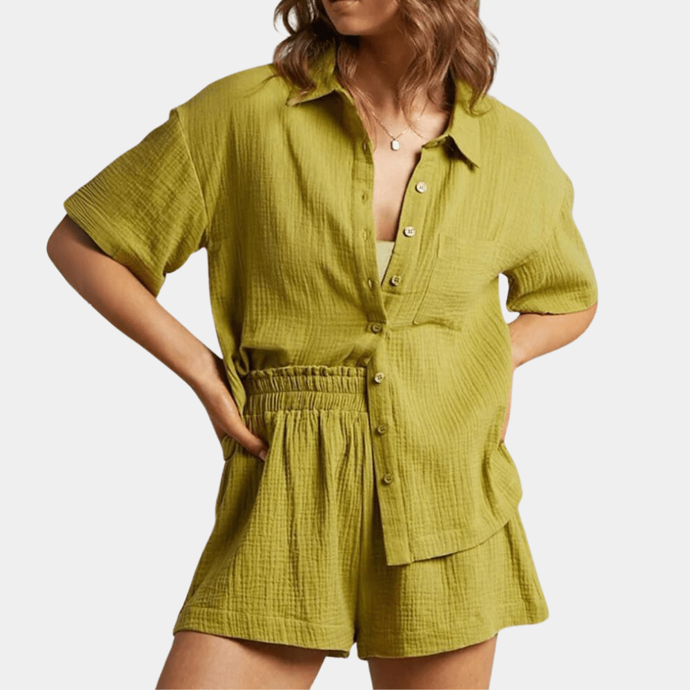 Sommer Set Damen | Hemd und Shorts | Luftig | Bequem | Zweiteilig | Freizeit-Grün-XS-Luzern Mode