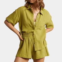 Sommer Set Damen | Hemd und Shorts | Luftig | Bequem | Zweiteilig | Freizeit-Grün-XS-Luzern Mode