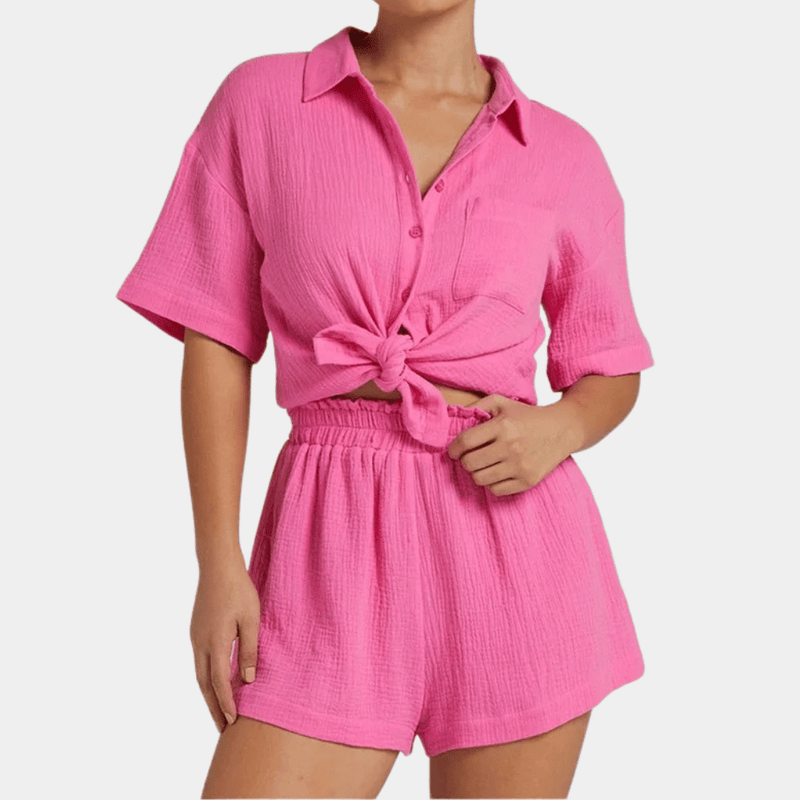 Sommer Set Damen | Hemd und Shorts | Luftig | Bequem | Zweiteilig | Freizeit-Rosa-XS-Luzern Mode